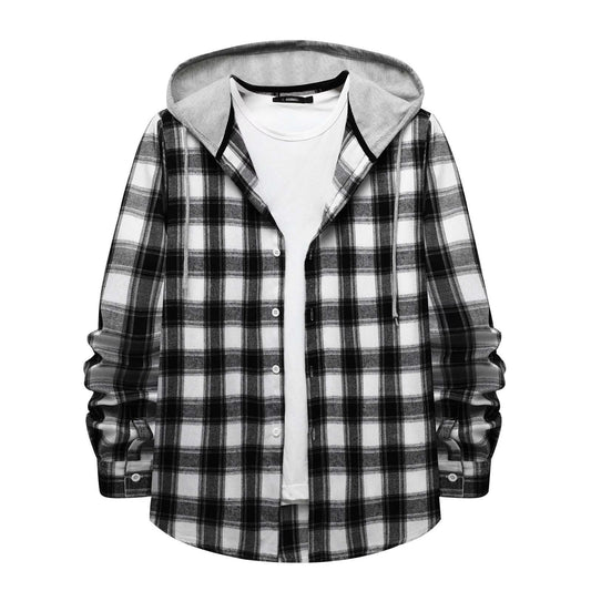 Men'S Casual Plaid Flannel Jacket with Hoodie Lightweight Fall Winter Long Sleeve Button down Plaid Flannel Hooded Shirt Gray M