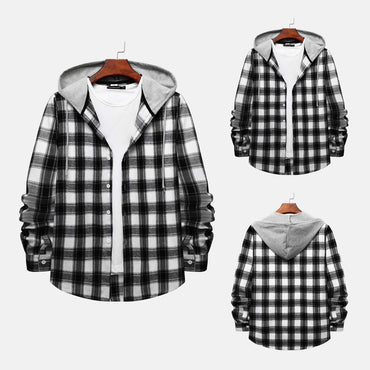 Men'S Casual Plaid Flannel Jacket with Hoodie Lightweight Fall Winter Long Sleeve Button down Plaid Flannel Hooded Shirt Gray M