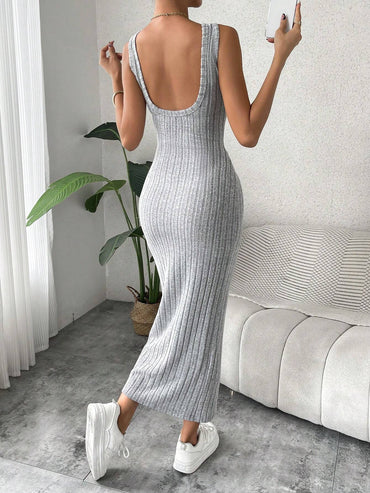 Almamuse Women'S Backless Soft Fabric Ribbed Casual Long Dress, Versatile for Autumn