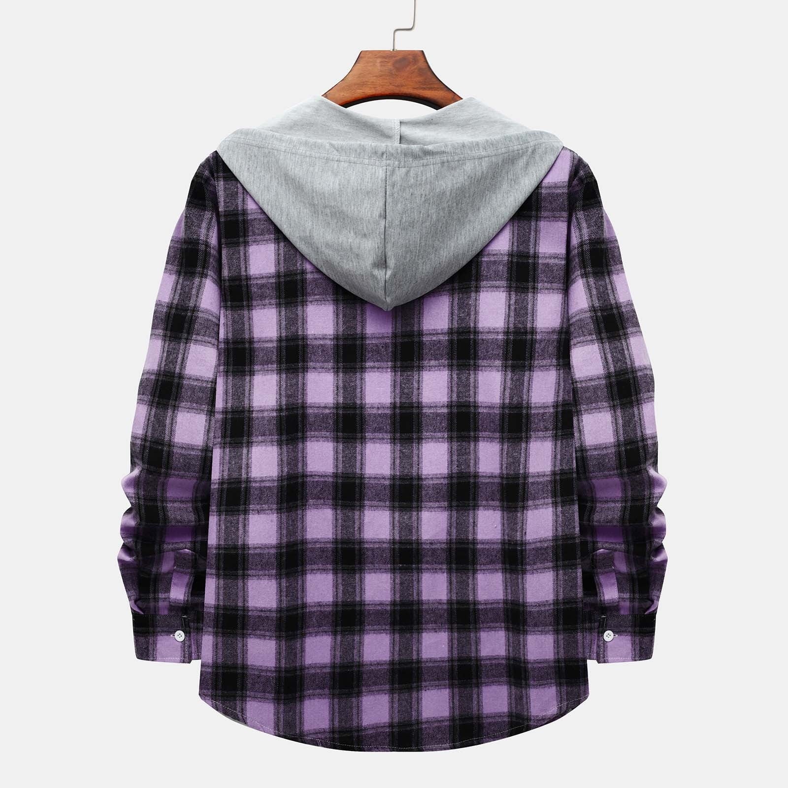 Men'S Casual Plaid Flannel Jacket with Hoodie Lightweight Fall Winter Long Sleeve Button down Plaid Flannel Hooded Shirt Purple M