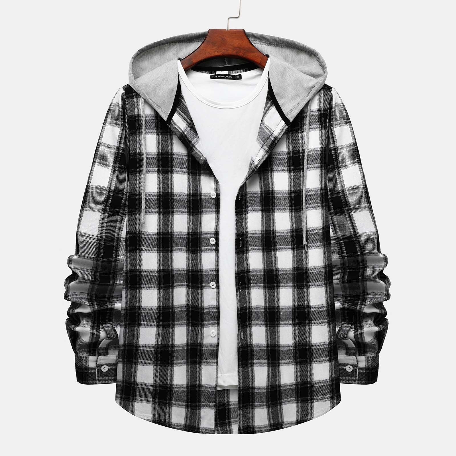 Men'S Casual Plaid Flannel Jacket with Hoodie Lightweight Fall Winter Long Sleeve Button down Plaid Flannel Hooded Shirt Gray M