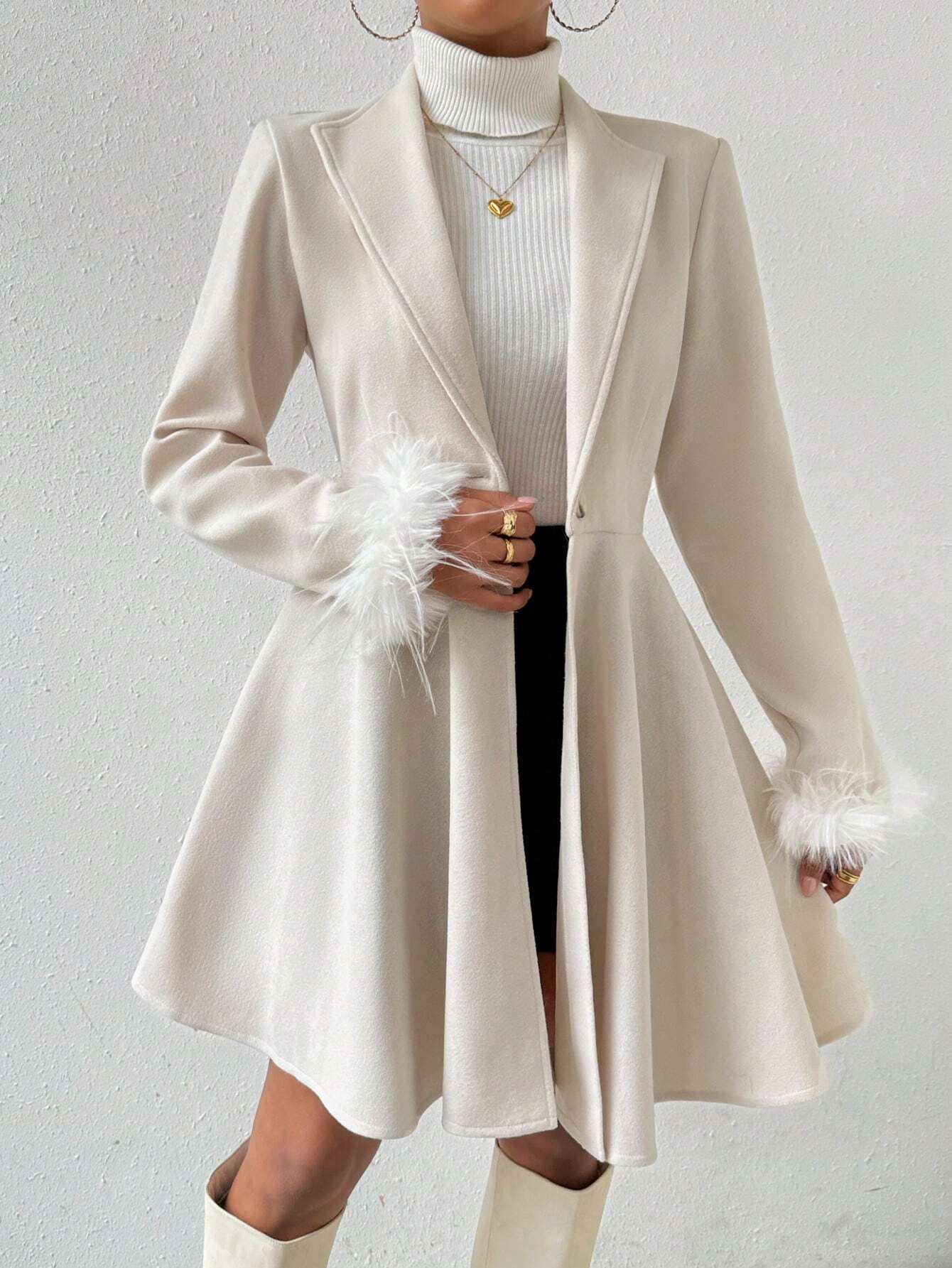Rosydaze Solid Color Overcoat with Fringed Cuff and Single Button Closure Fall Winter Cloth for Women