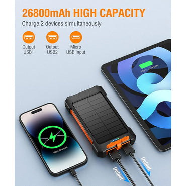 26800Mah Solar Power Bank, USB Portable Solar Charger Compatible for Iphone, Android Phone