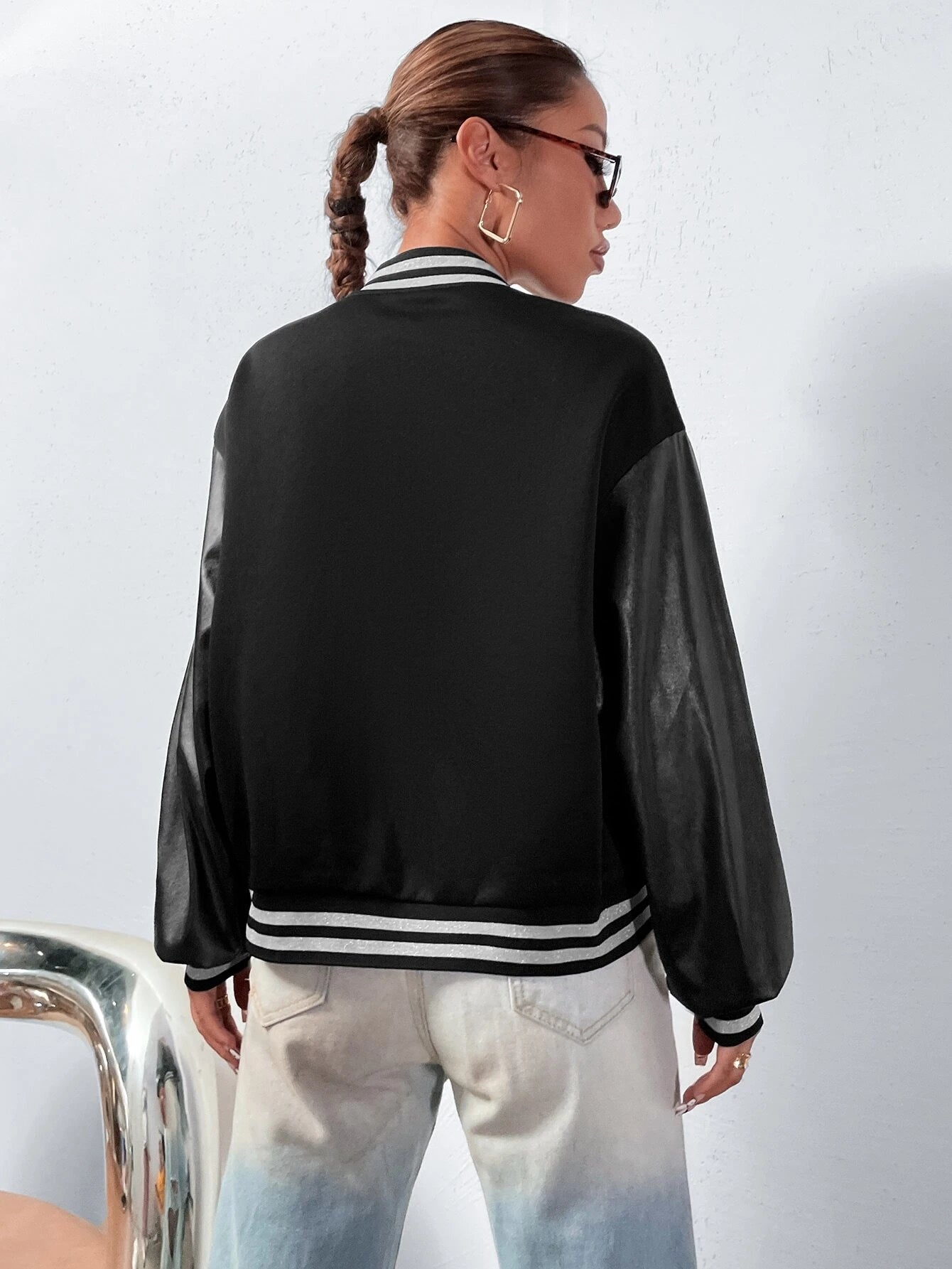 SHEIN Unity Letter Patched Striped Trim Drop Shoulder Varsity Jacket