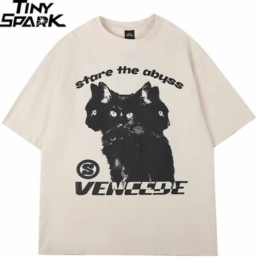 2025 New Streetwear Tshirt Hydra Cat Graphic T Shirt Men Cotton T-Shirt Hip Hop Loose Tops Tees Summer Short Sleeve Black White