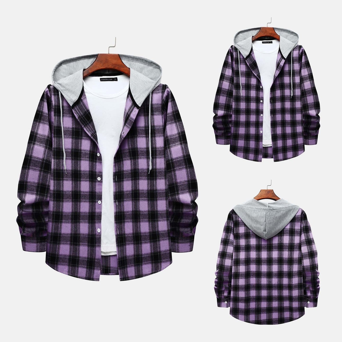Men'S Casual Plaid Flannel Jacket with Hoodie Lightweight Fall Winter Long Sleeve Button down Plaid Flannel Hooded Shirt Purple M