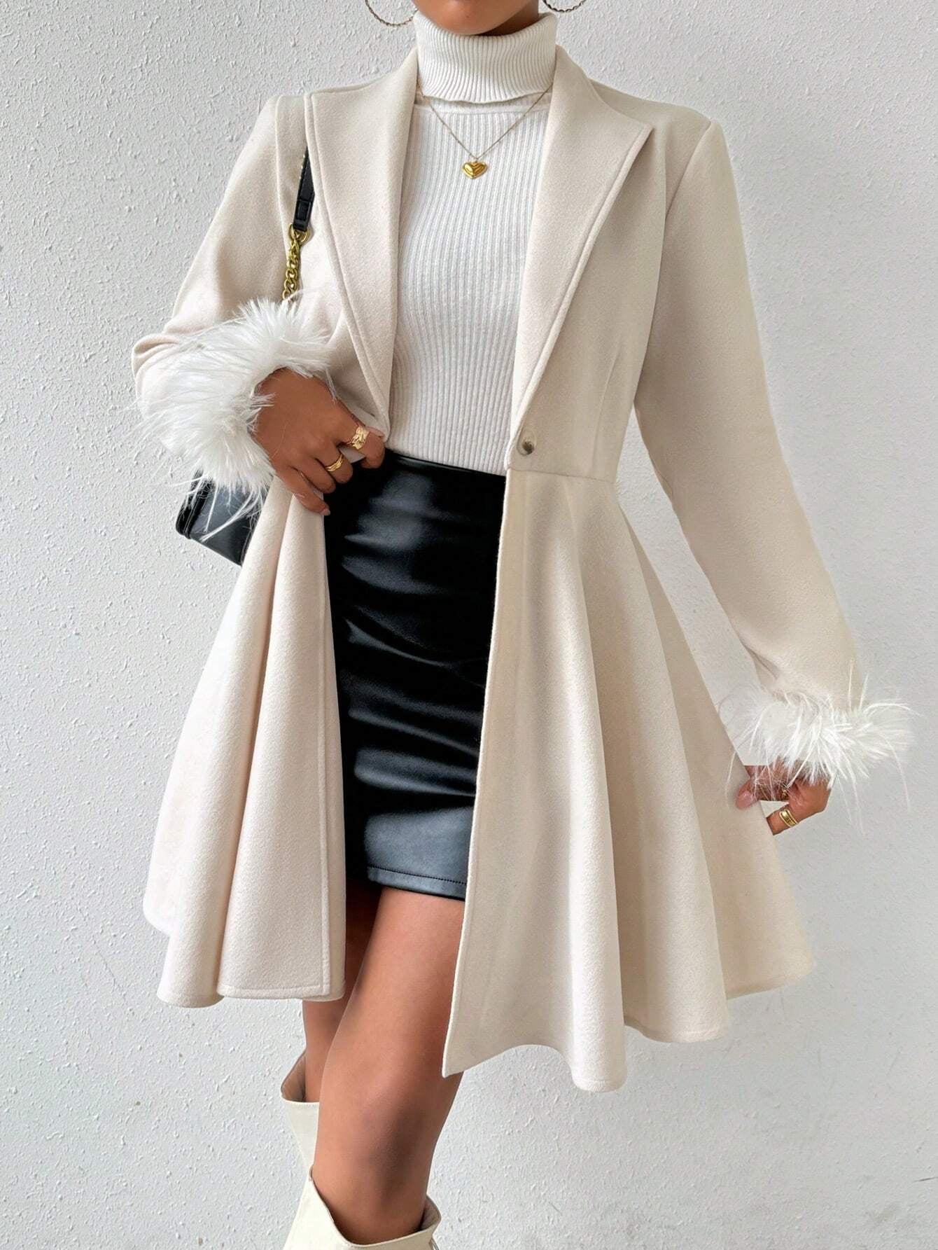 Rosydaze Solid Color Overcoat with Fringed Cuff and Single Button Closure Fall Winter Cloth for Women