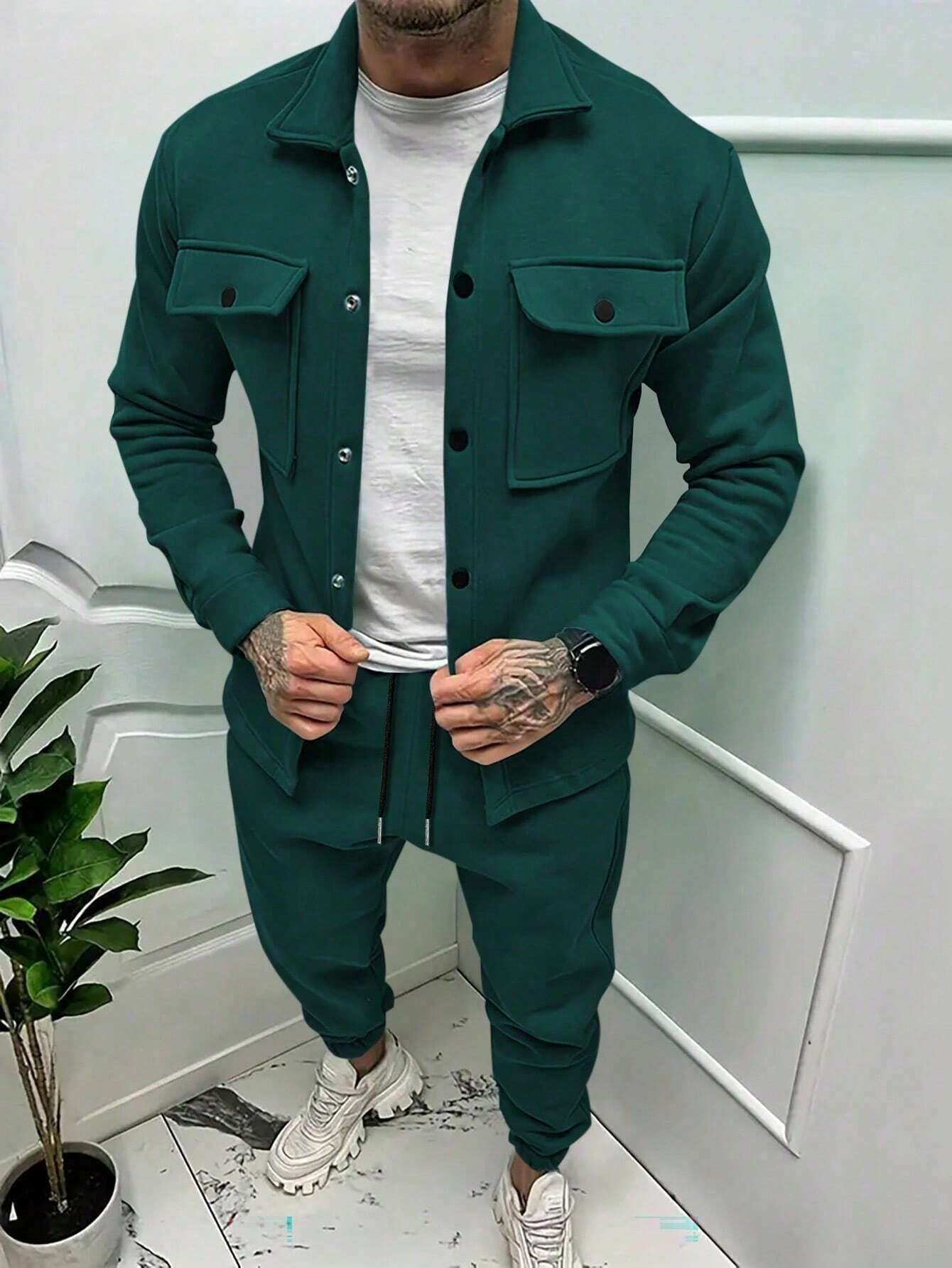 Manfinity Homme Men'S Solid Color Casual Jacket and Pants