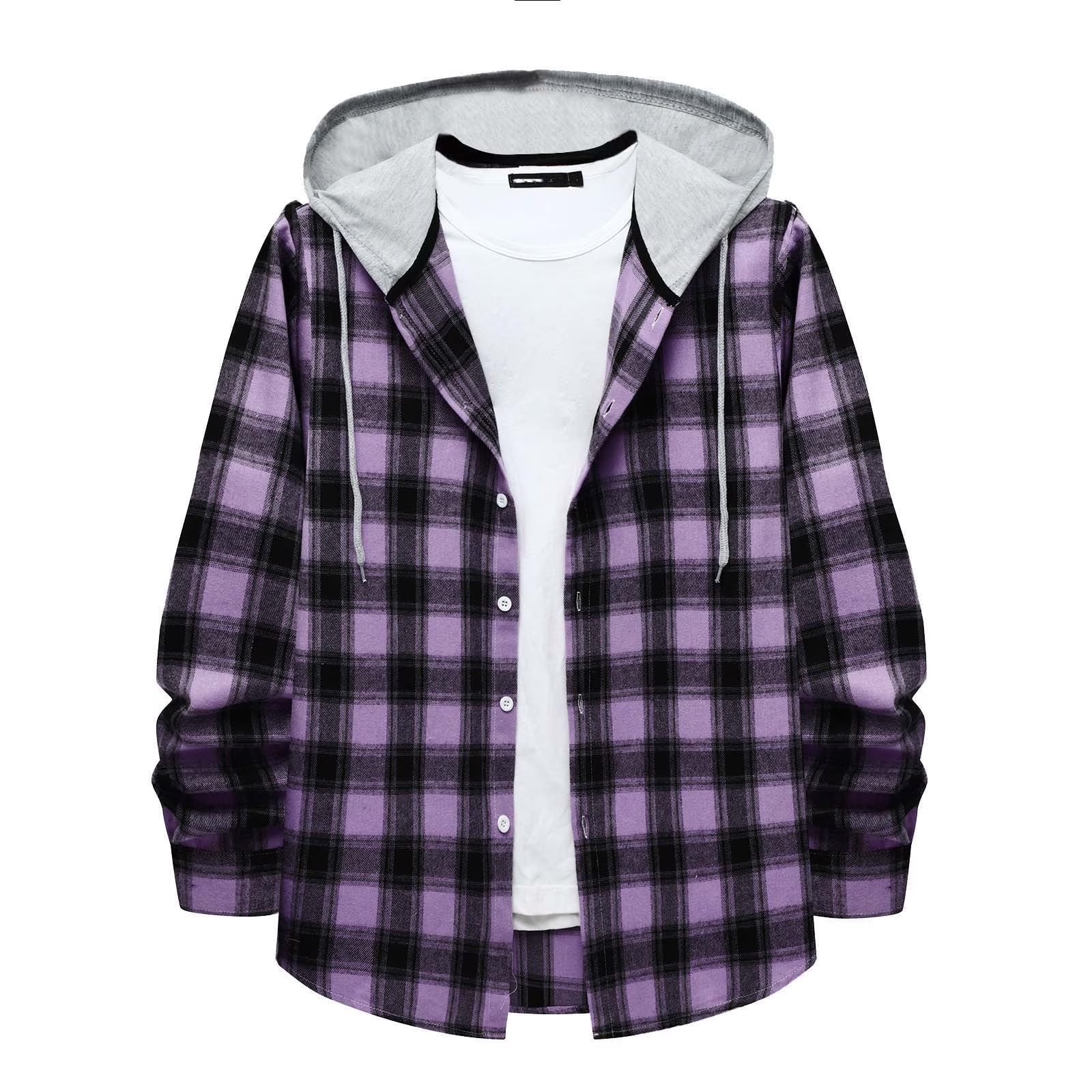 Men'S Casual Plaid Flannel Jacket with Hoodie Lightweight Fall Winter Long Sleeve Button down Plaid Flannel Hooded Shirt Purple M