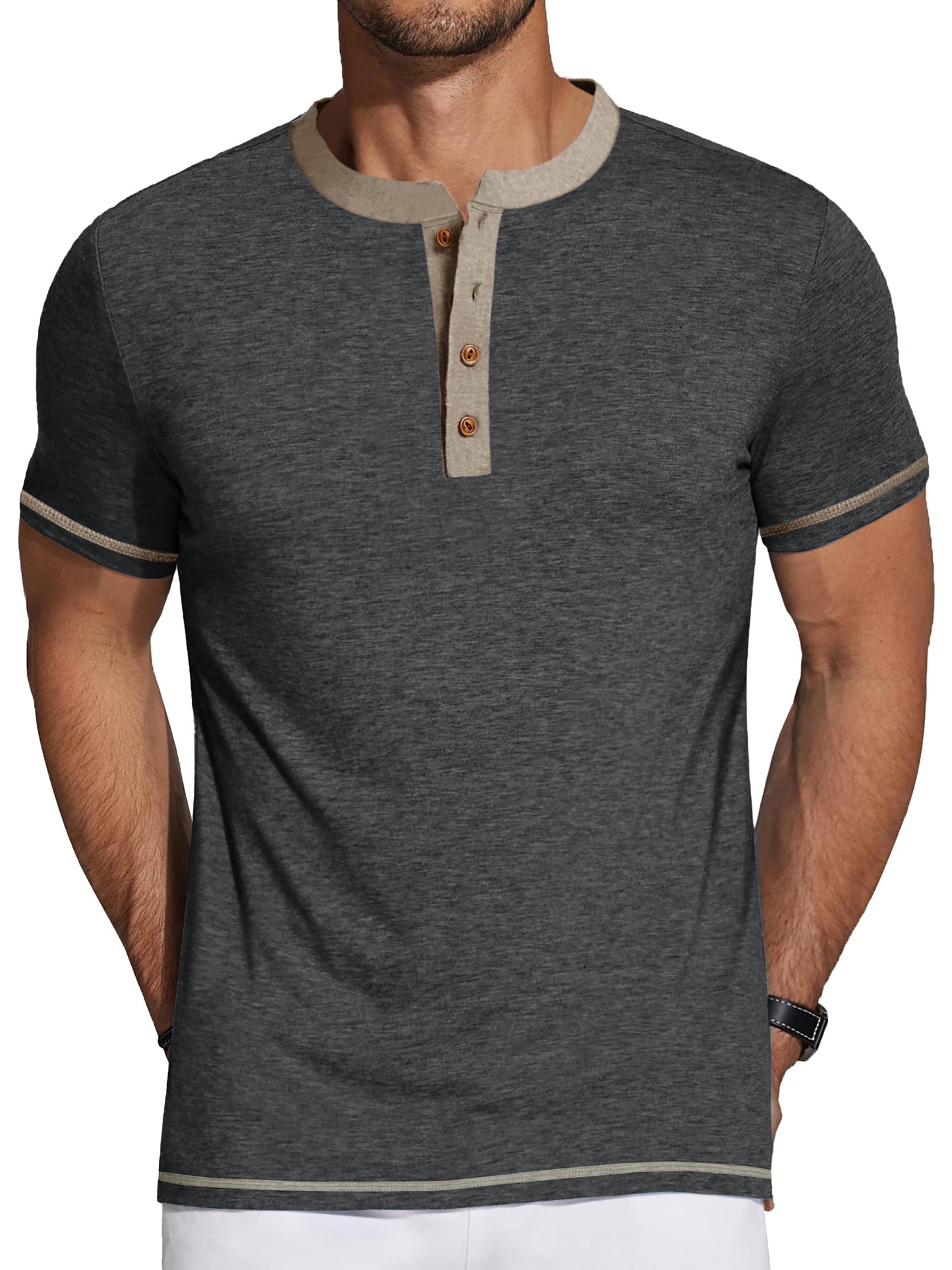 Henley Men Shirts Short Sleeve T Shirts for Men Crew Neck Color Block Men Shirts