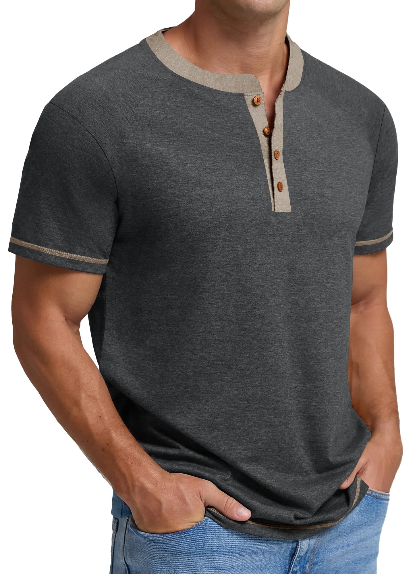 Henley Men Shirts Short Sleeve T Shirts for Men Crew Neck Color Block Men Shirts