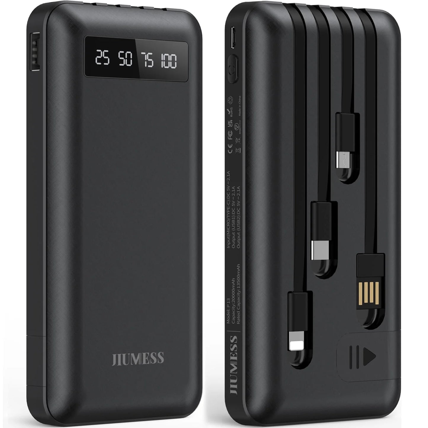 20000Mah Power Bank Portable Charger with Cables, USB Battery Pack Compatible for Iphone & Android Cell Phone