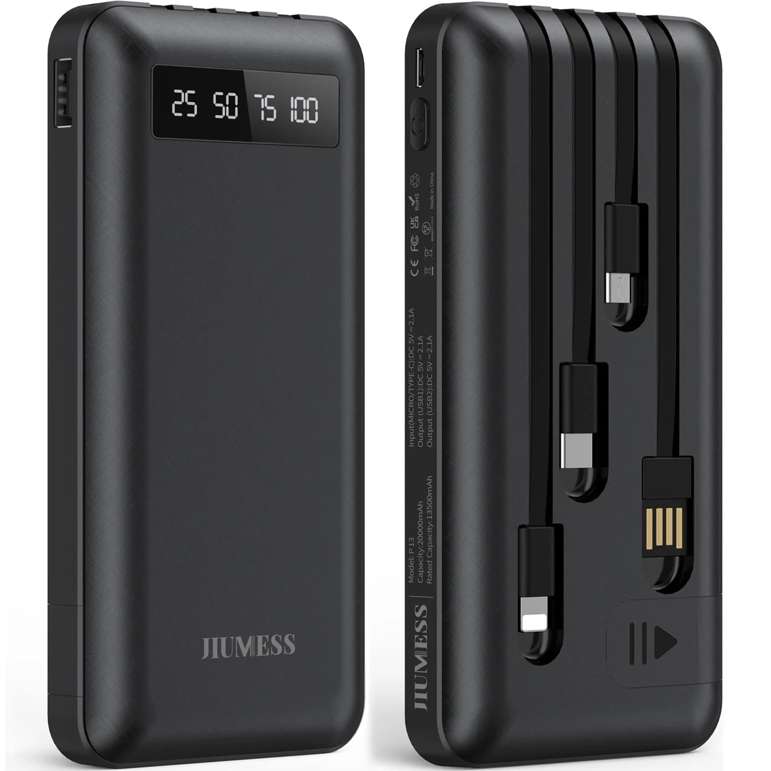 20000Mah Power Bank Portable Charger with Cables, USB Battery Pack Compatible for Iphone & Android Cell Phone