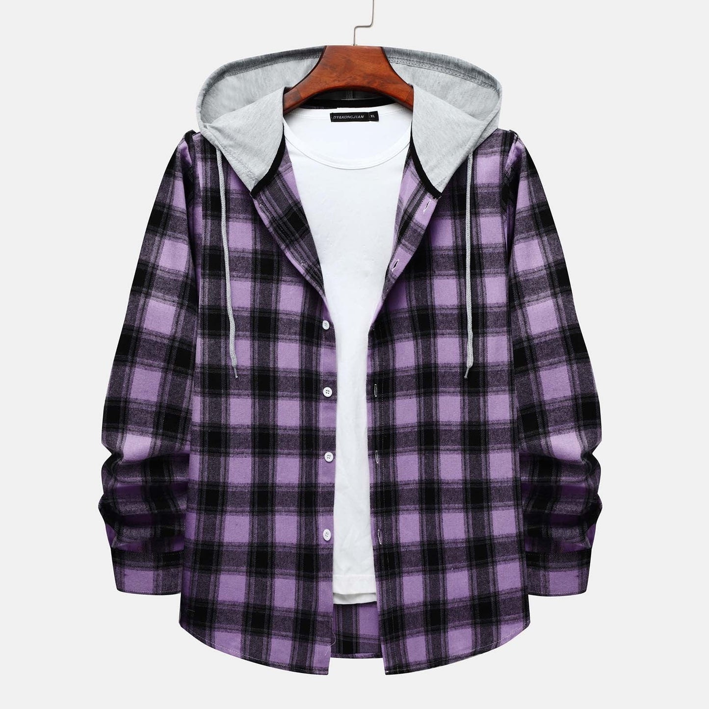 Men'S Casual Plaid Flannel Jacket with Hoodie Lightweight Fall Winter Long Sleeve Button down Plaid Flannel Hooded Shirt Purple M