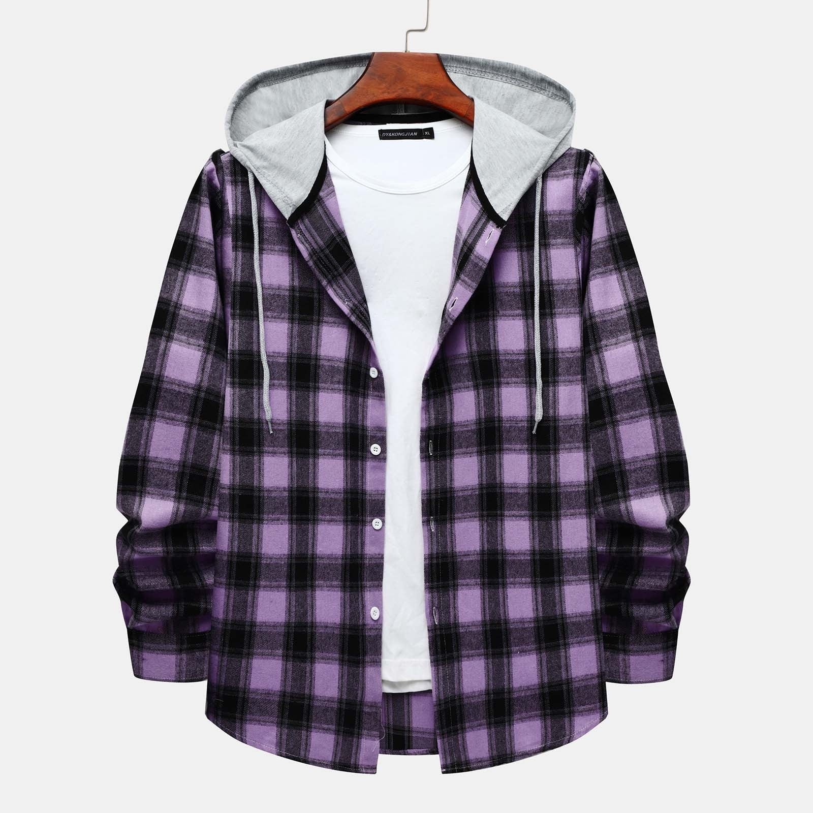 Men'S Casual Plaid Flannel Jacket with Hoodie Lightweight Fall Winter Long Sleeve Button down Plaid Flannel Hooded Shirt Purple M