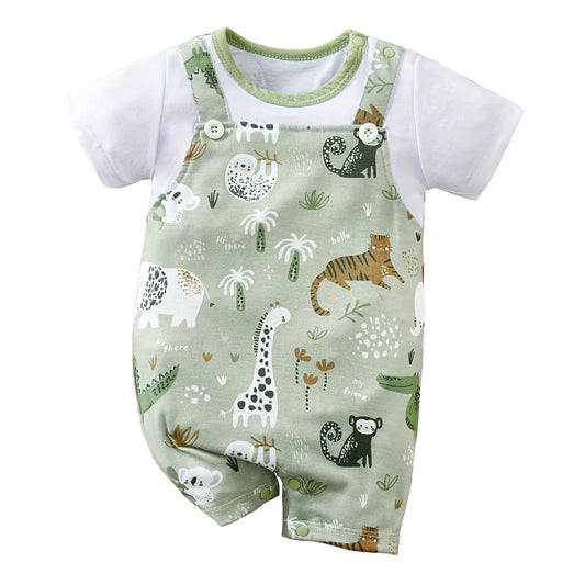 Adorable Infant Zoo Animal Print Romper for Boy Newborn Baby Faux Two-Piece Bodysuit with Short Sleeves Casual Play Wear