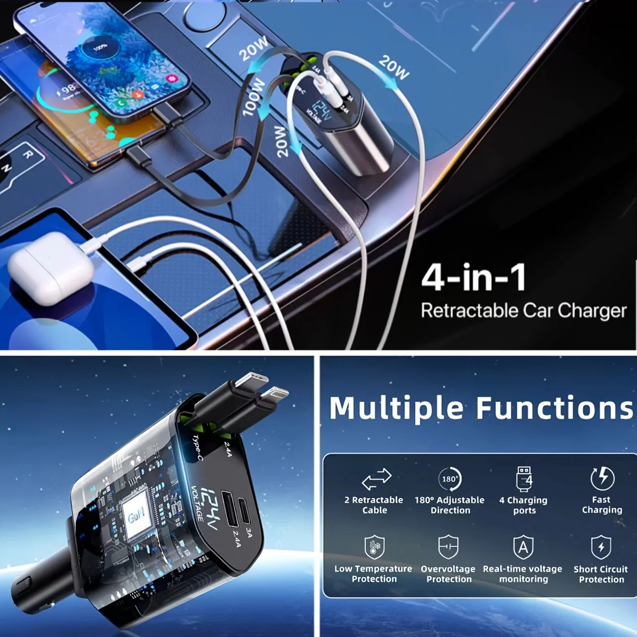 Retractable Car Charger 4 in 1 Fast Car Phone Charger 120W with USB Type C Cable
