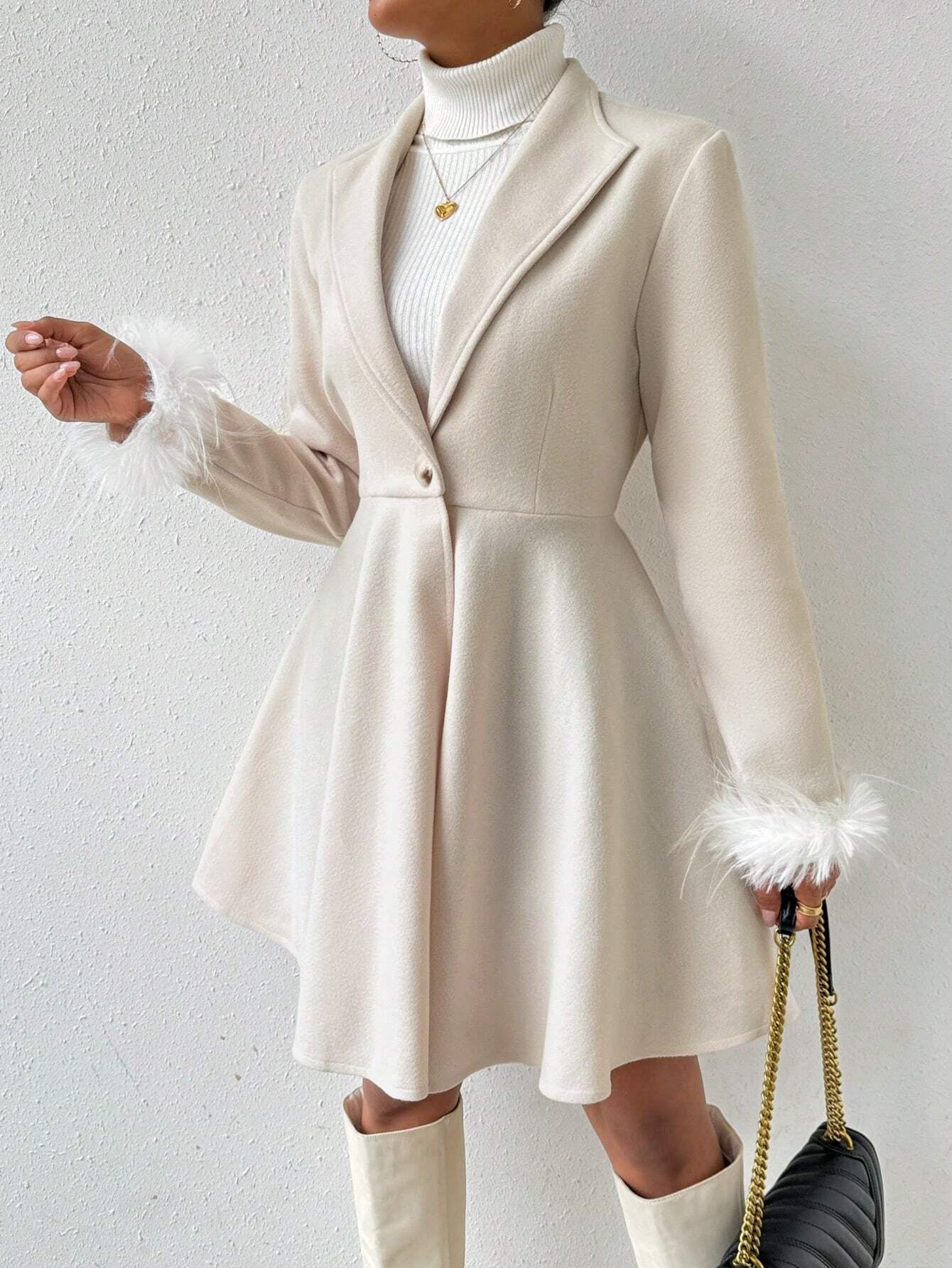 Rosydaze Solid Color Overcoat with Fringed Cuff and Single Button Closure Fall Winter Cloth for Women