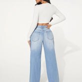SHEIN SXY Single Button Cut Out Ripped Frayed Wide Leg Jeans
