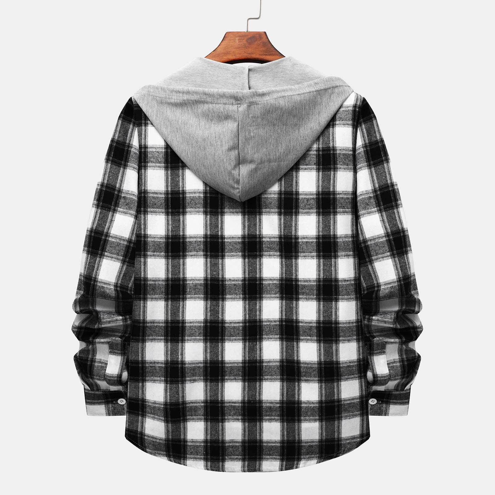 Men'S Casual Plaid Flannel Jacket with Hoodie Lightweight Fall Winter Long Sleeve Button down Plaid Flannel Hooded Shirt Gray M