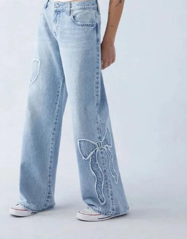 Streetwear New Fashion Bow Embroidered Baggy Jeans Women Y2K Harajuku Vintage Popular Casual Gothic High Waist Wide Leg Pants