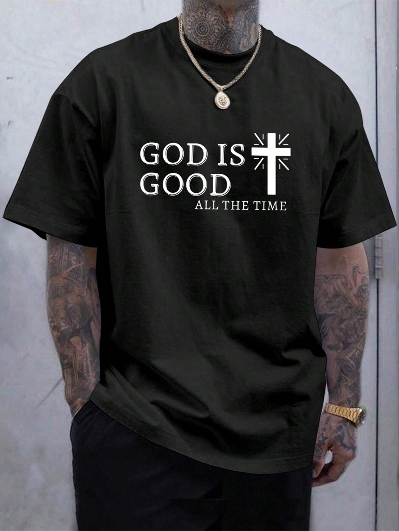 Manfinity Roughcore Men Casual Summer Cross & Slogan Graphic Printed Short Sleeve T-Shirt, for Friends